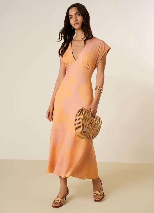 Maria.valentina - Vestido Maria.Valentina Solto Decote V Manga Curta Midi Marrom Marrom