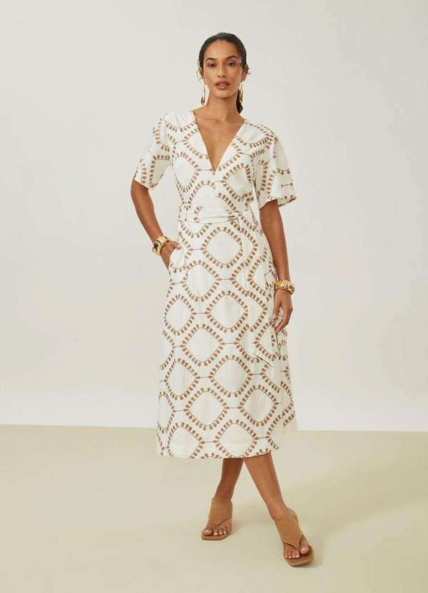 Maria.valentina - Vestido Maria.Valentina Solto Decote V Manga Curta Midi Off White Branco