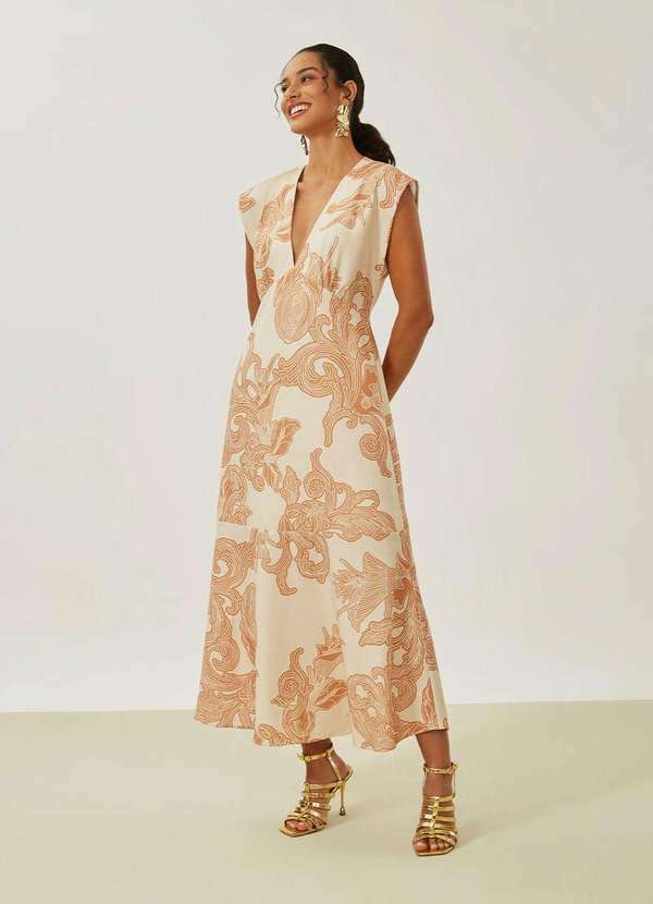 Maria.valentina - Vestido Maria.Valentina Solto Decote V Manga Curta Midi Off White Branco