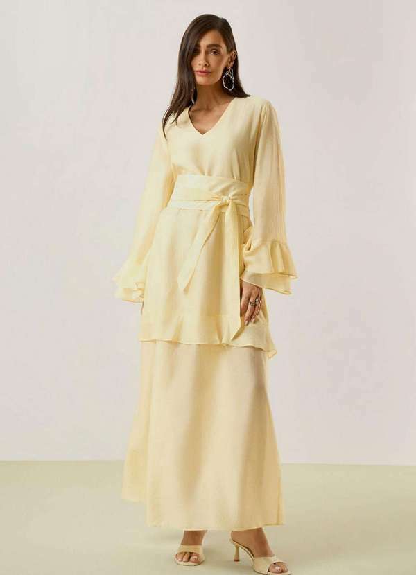 Maria.valentina - Vestido Maria.Valentina Solto Decote V Manga Longa Longo Amarelo Amarelo