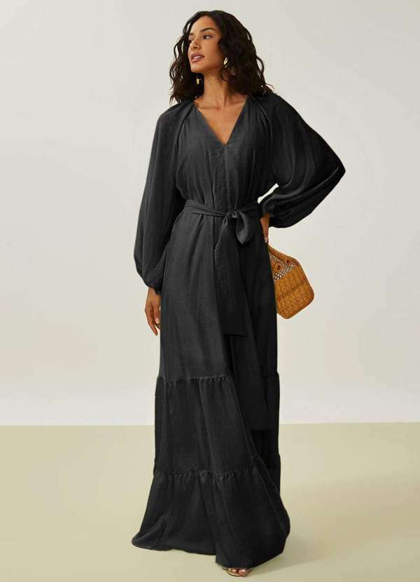 Maria.valentina - Vestido Maria.Valentina Solto Decote V Manga Longa Longo Preto Preto