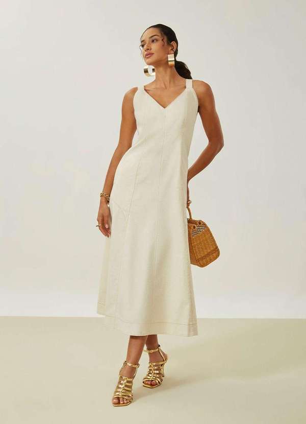 Maria.valentina - Vestido Maria.Valentina Solto Decote V sem Manga Midi Off White Branco