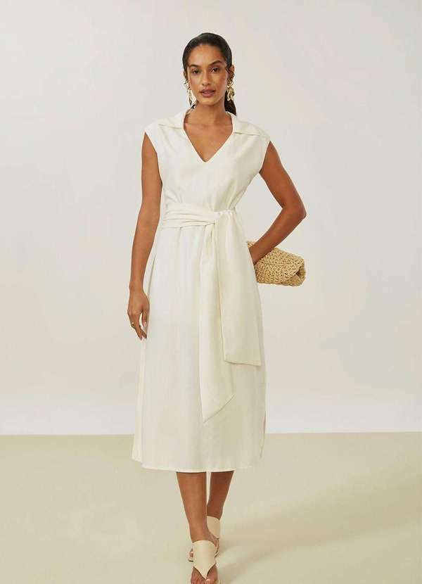 Maria.valentina - Vestido Maria.Valentina Solto Decote V sem Manga Midi Off White Branco