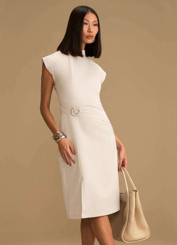 Maria.valentina - Vestido Maria.Valentina Solto Gola Padre Manga Curta Midi Off Whi Branco