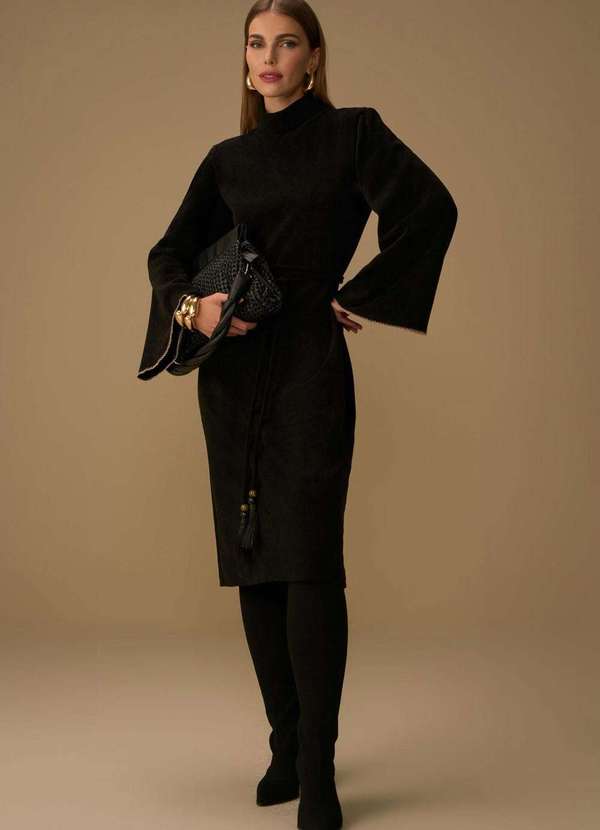 Maria.valentina - Vestido Maria.Valentina Solto Gola Alta Manga Longa Midi Preto Preto