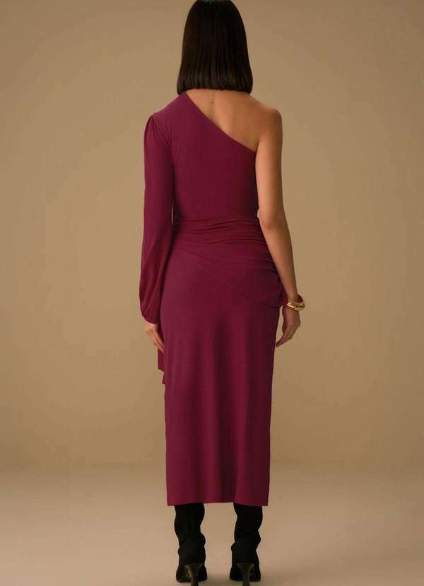 Maria.valentina - Vestido Maria.Valentina Solto um Ombro Só Manga Longa Midi Bordo Vermelho