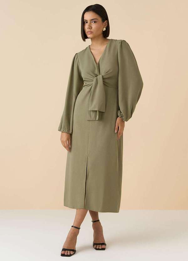 Maria.valentina - Vestido Solto Decote V Manga Longa Midi Verde Verde