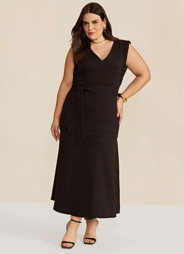 Maria.valentina - Vestido Solto Decote V sem Manga Midi Preto Preto 2