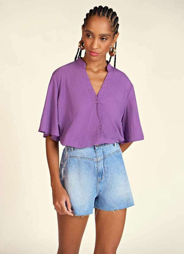 Zinco - Bata Zinco Decote V com Botão Roxo Roxo
