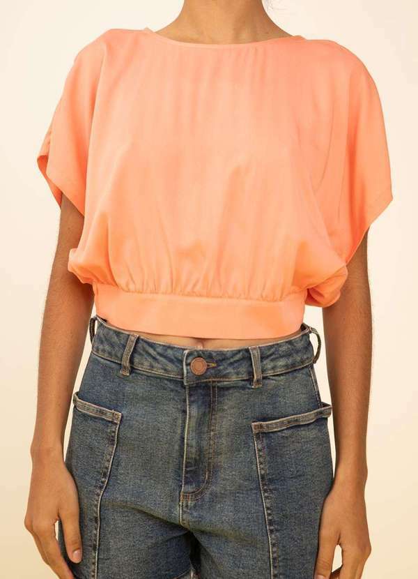 Zinco - Blusa Zinco Ajustada Decote Careca Manga Curta Cropped Laranja Laranja