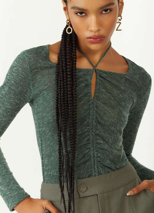 Zinco - Blusa Zinco Ajustada Decote Reto Manga Longa Padrão Verde Verde