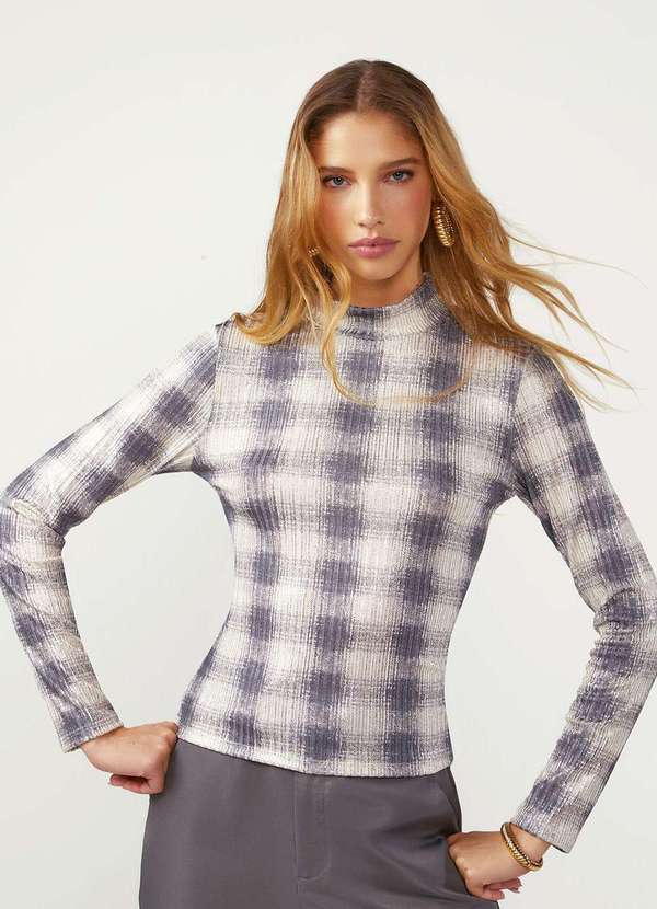 Zinco - Blusa Zinco Ajustada Gola Alta Manga Longa Padrão Cinza Cinza