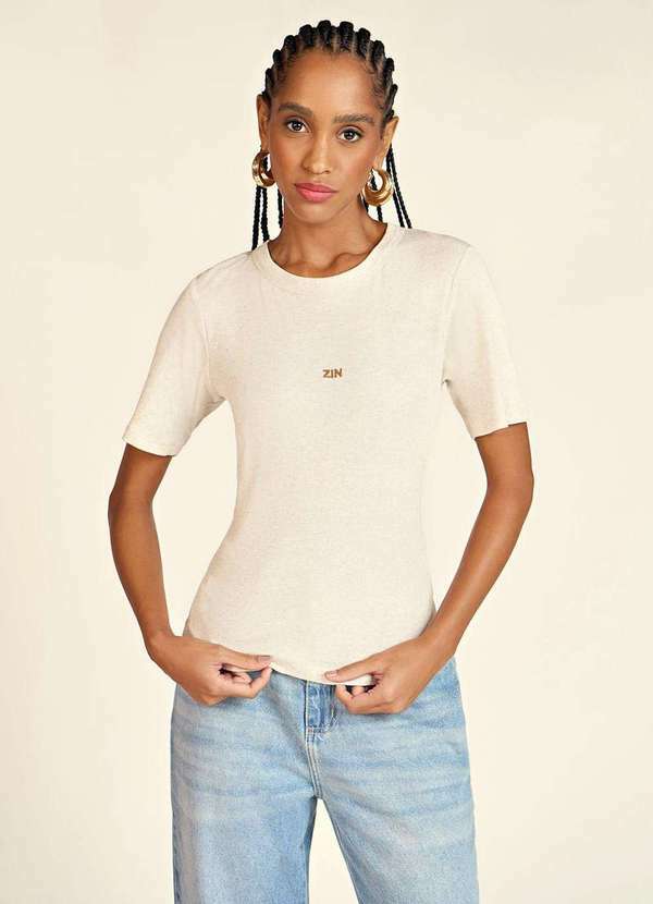 Zinco - Blusa Zinco Decote Redondo Manga Curta Canelada Cru Nude