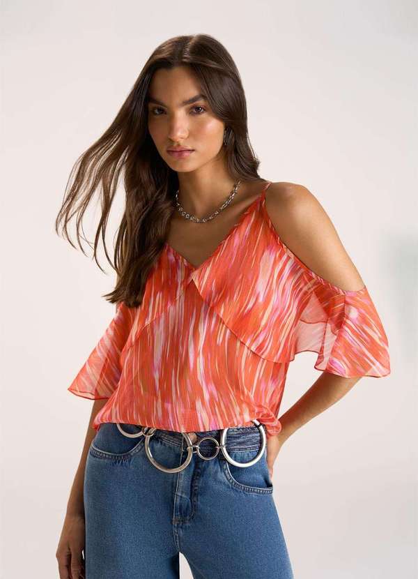 Zinco - Blusa Zinco Decote V Alça com Babado Laranja Laranja 1