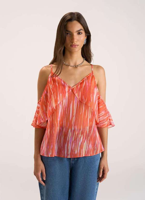 Zinco - Blusa Zinco Decote V Alça com Babado Laranja Laranja 2