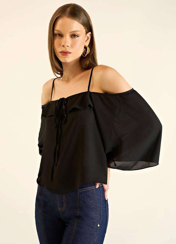 Zinco - Blusa Zinco Decote V Cavada com Babado Preto Preto