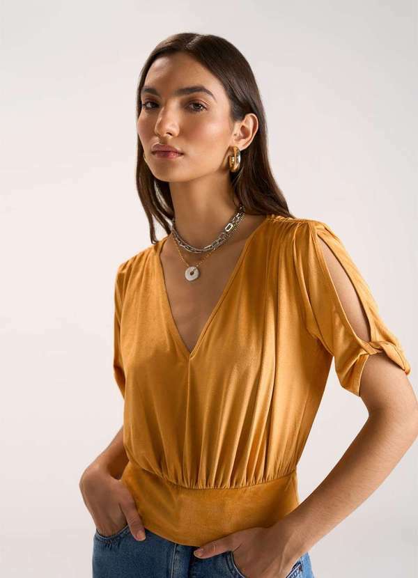 Zinco - Blusa Zinco Decote V Manga Curta Detalhe Manga Amarelo Amarelo