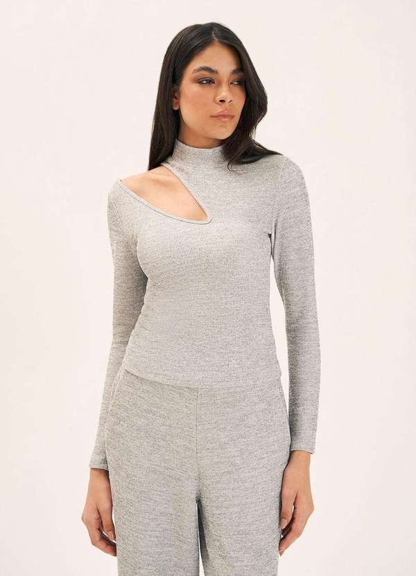 Zinco - Blusa Zinco Gola Alta Manga Longa Abertura Ombro Cinza Cinza 2