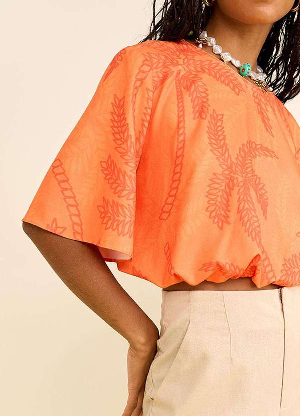 Zinco - Blusa Zinco Solta Decote Careca Manga 3 Quartos Padrão Laranja Laranja 2