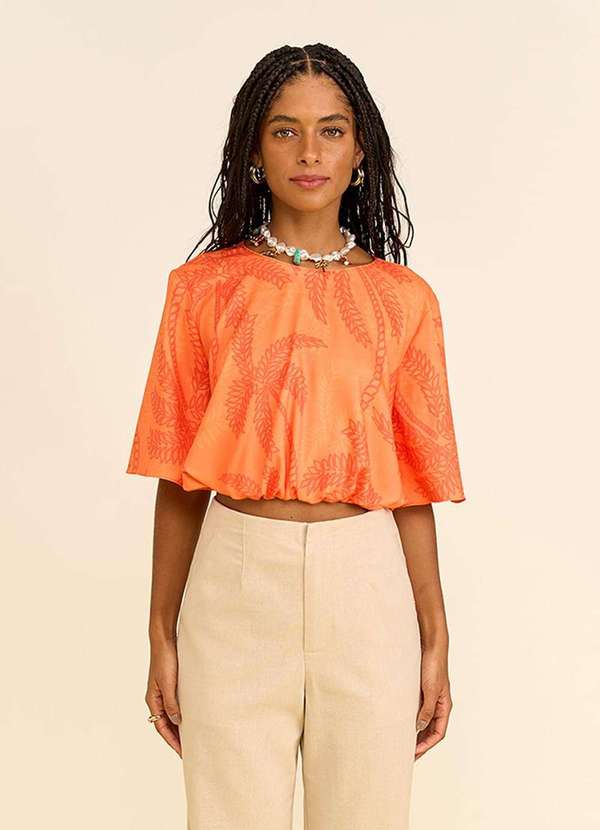 Zinco - Blusa Zinco Solta Decote Careca Manga 3 Quartos Padrão Laranja Laranja 3