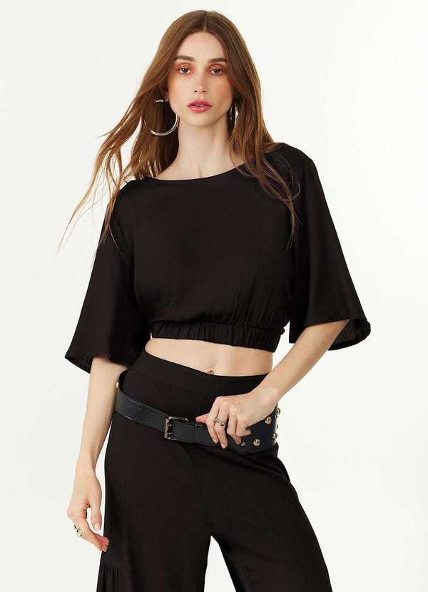 Zinco - Blusa Zinco Solta Decote Careca Manga Curta Cropped Preto Preto