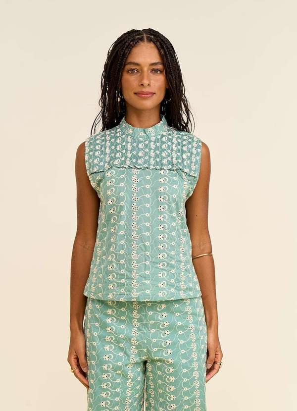 Zinco - Blusa Zinco Solta Decote Careca Manga Curta Padrão Verde Verde 2