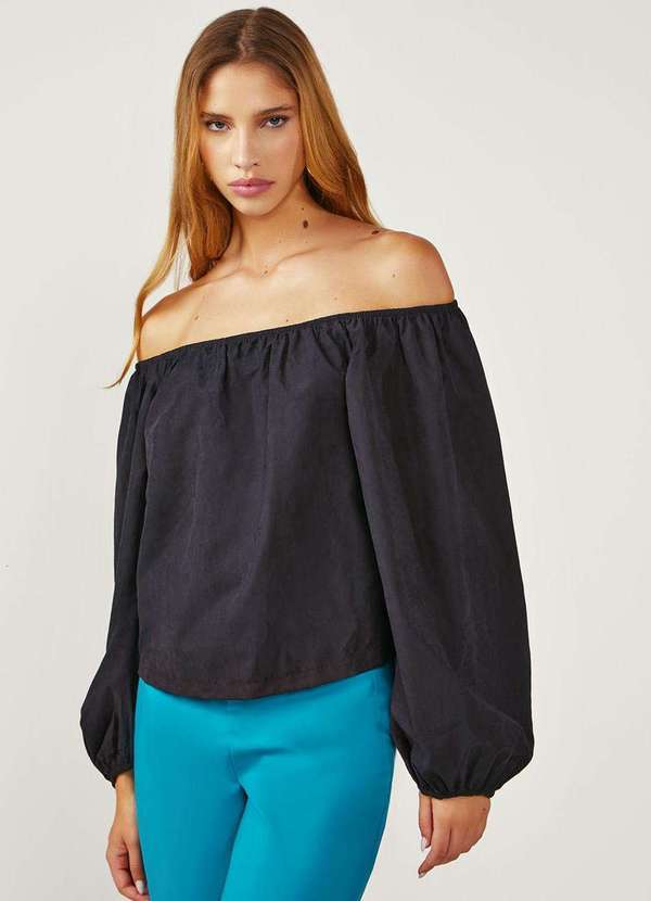 Zinco - Blusa Zinco Solta Decote Reto Manga 3 Quartos Padrão Preto Preto