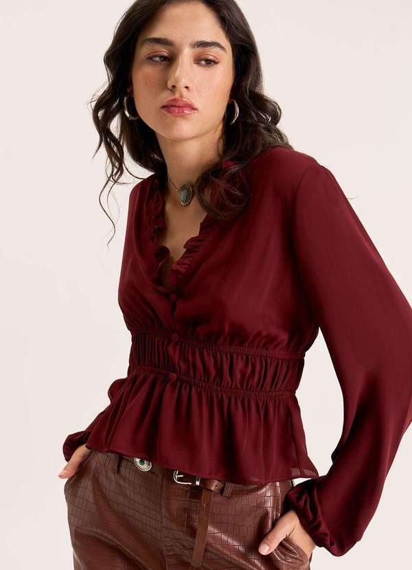 Zinco - Blusa Zinco Solta Decote V Manga Longa Padrão Bordo Vermelho