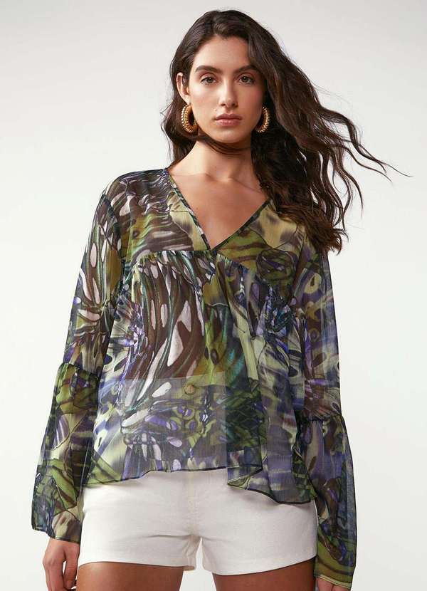 Zinco - Blusa Zinco Solta Decote V Manga Longa Padrão Verde Verde