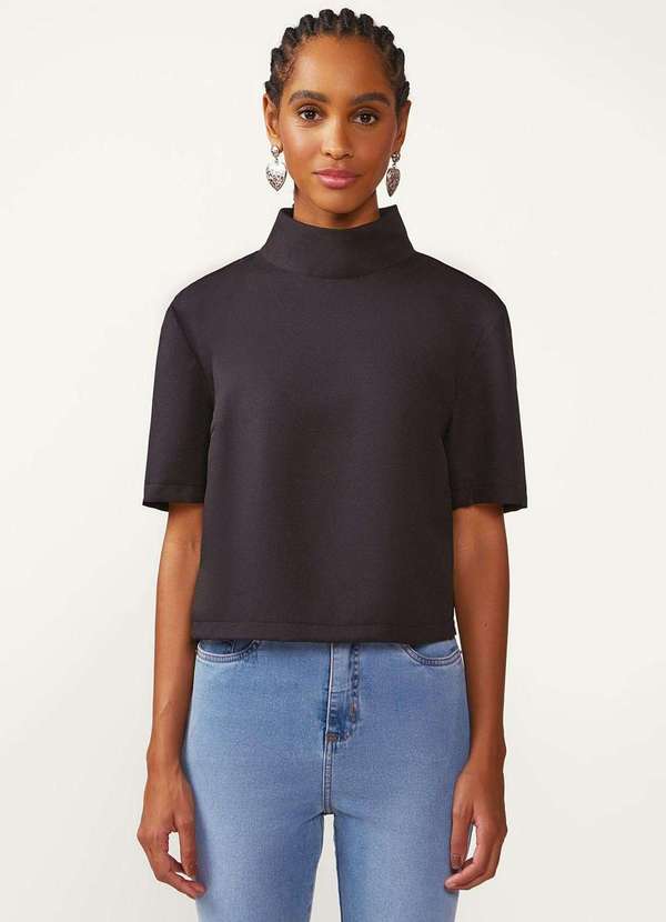 Zinco - Blusa Zinco Solta Gola Alta Manga Curta Padrão Preto Preto 2