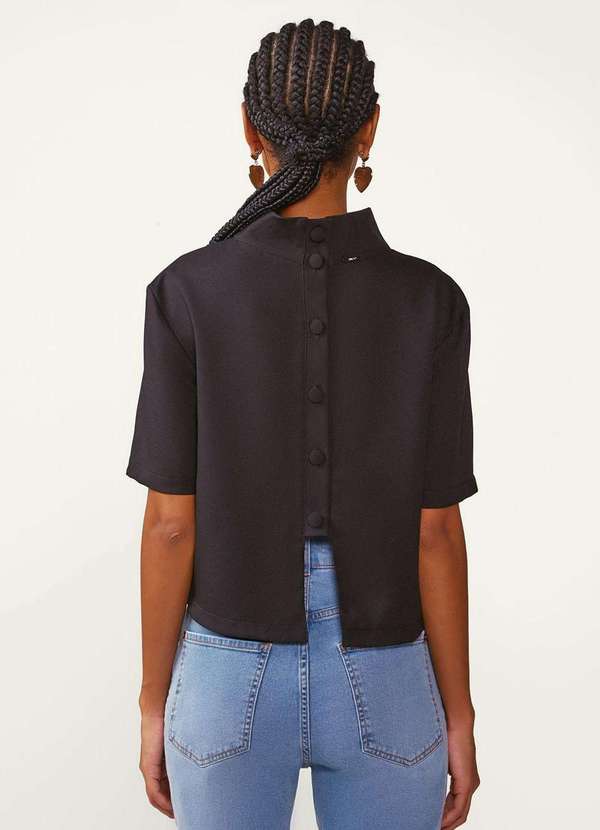 Zinco - Blusa Zinco Solta Gola Alta Manga Curta Padrão Preto Preto 4