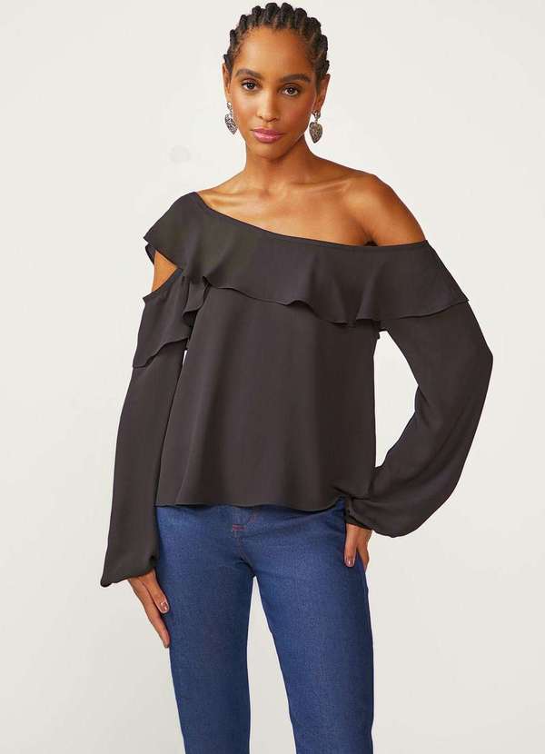 Zinco - Blusa Zinco Solta um Ombro Só Manga Longa Padrão Preto Preto