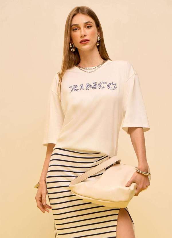 Zinco - Camiseta Zinco Solta Decote Careca Manga Curta Padrão Off White Branco