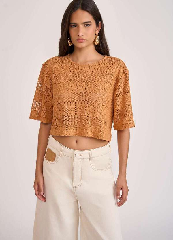 Zinco - Camiseta Zinco Solta Decote Careca Manga Curta Cropped Marrom Marrom 2