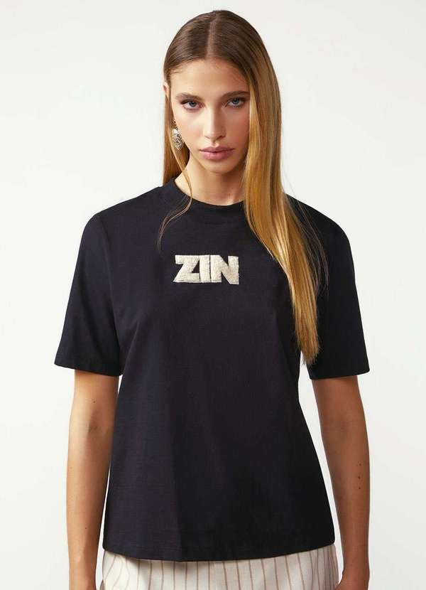 Zinco - Camiseta Zinco Solta Decote Careca Manga Curta Padrão Preto Preto