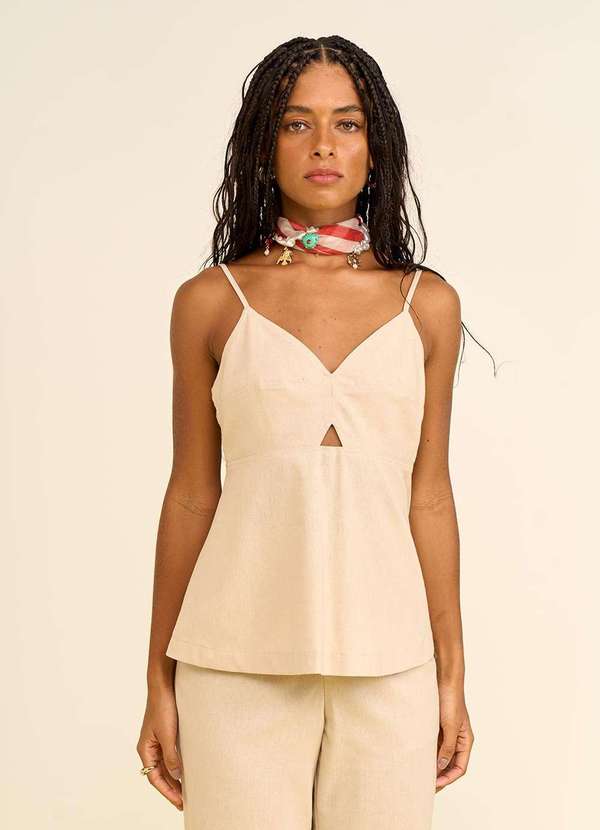 Zinco - Regata Zinco Ajustada Decote V Padrão Bege Bege 4