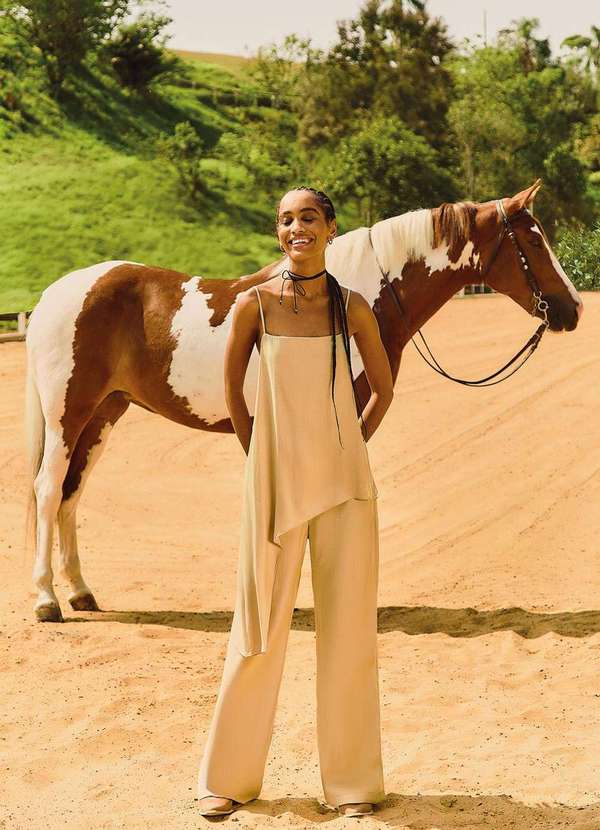 Zinco - Regata Zinco Solta Decote Quadrado Padrão Bege Bege