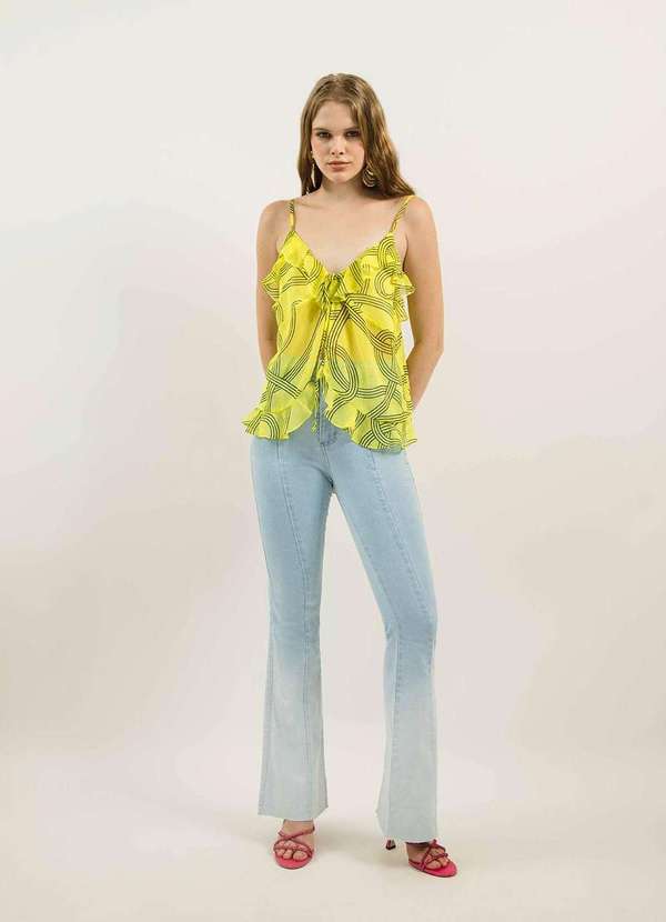 Zinco - Calça Zinco Flare Cós Alto Detalhe Bolso Jeans Azul