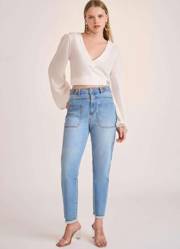 Zinco - Calça Zinco Mom Cós Alto Detalhe Botão Jeans Azul