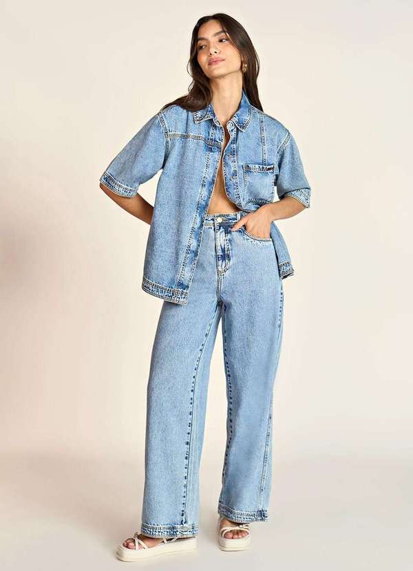 Zinco - Calça Zinco Pantalona Cós Alto com Recorte Jeans Azul