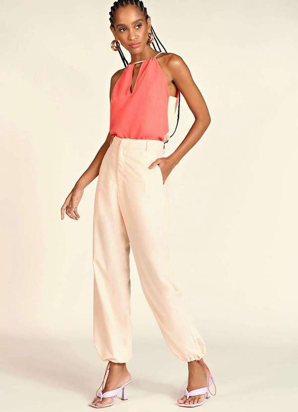 Zinco - Calça Zinco Parachute Cós Alto Detalhe Barra Cru Nude