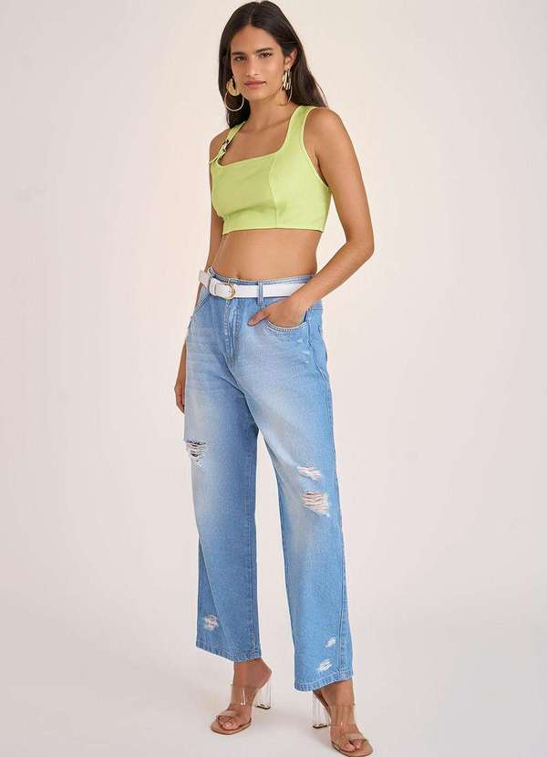 Zinco - Calça Zinco Reta Cós Alto com Cinto Jeans Azul