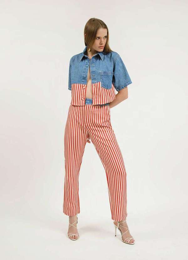 Zinco - Calça Zinco Reta Cós Alto Composê de Tecidos Azul Azul