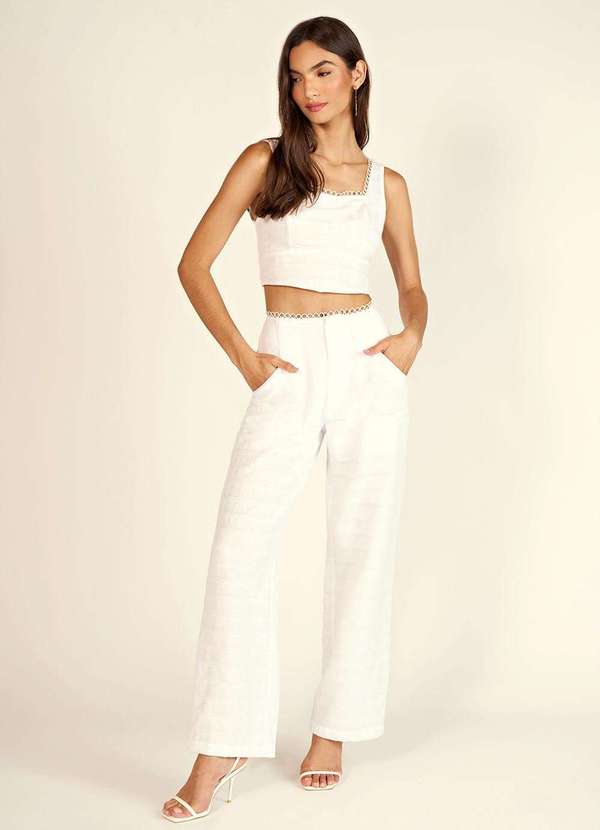 Zinco - Calça Zinco Reta Cós Alto Detalhe Renda Branco Branco