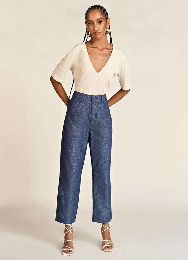 Zinco - Calça Zinco Reta Cós Alto Glitter Azul Marinho Azul