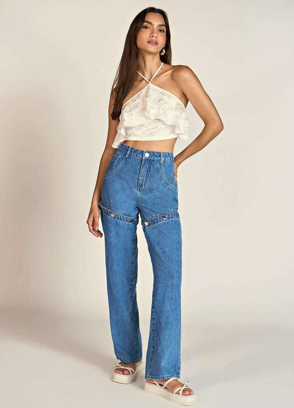 Zinco - Calça Zinco Wide Leg Cós Intermediário com Botão Jeans Azul