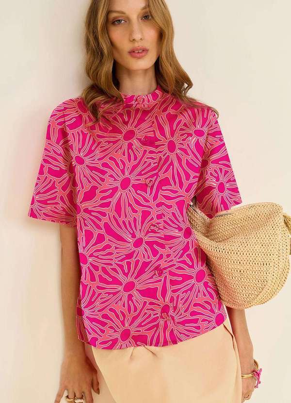 Zinco - Camisa Zinco Ajustada Decote Careca Manga Curta Padrão Rosa Rosa