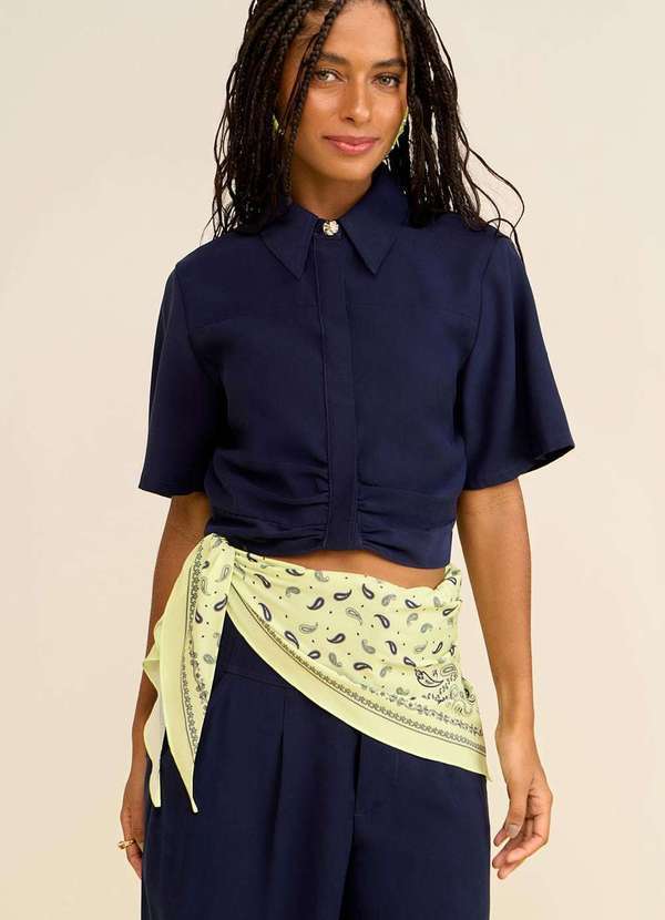Zinco - Camisa Zinco Solta Gola Clássica Manga Curta Cropped Azul Azul