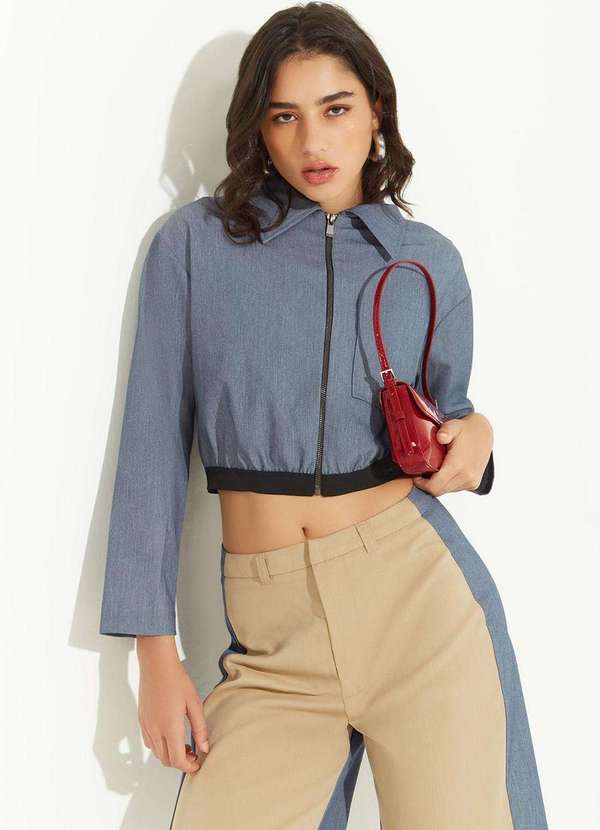 Zinco - Camisa Zinco Solta Gola Tradicional Manga Longa Cropped Azul Azul