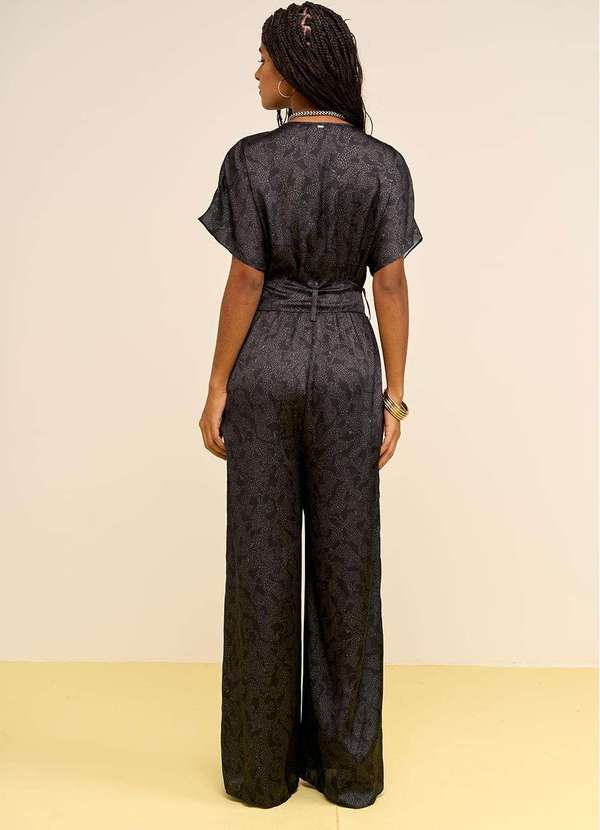 Zinco - Macacão Zinco Solto Decote V Manga 3 Quartos Longo Preto Preto